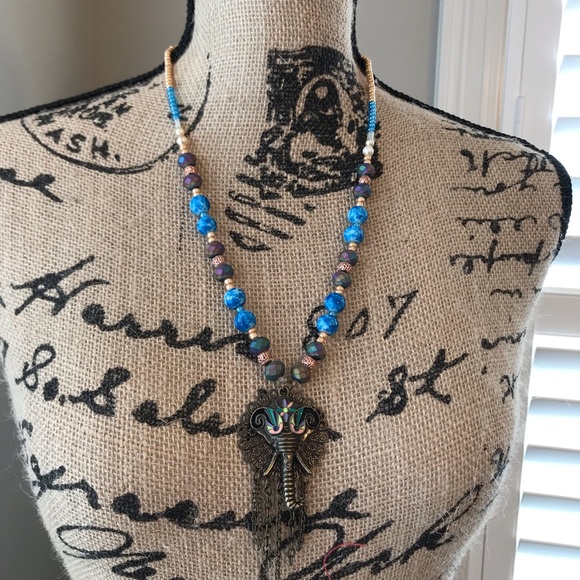 Jewelry - Handmade Glass bead necklace w/elephant 24”